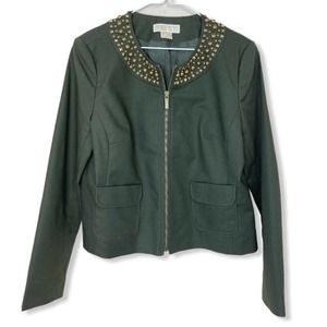 MICHAEL KORS Studded Mandarin Collar Moto Jacket Blazer Olive Green Petite Large